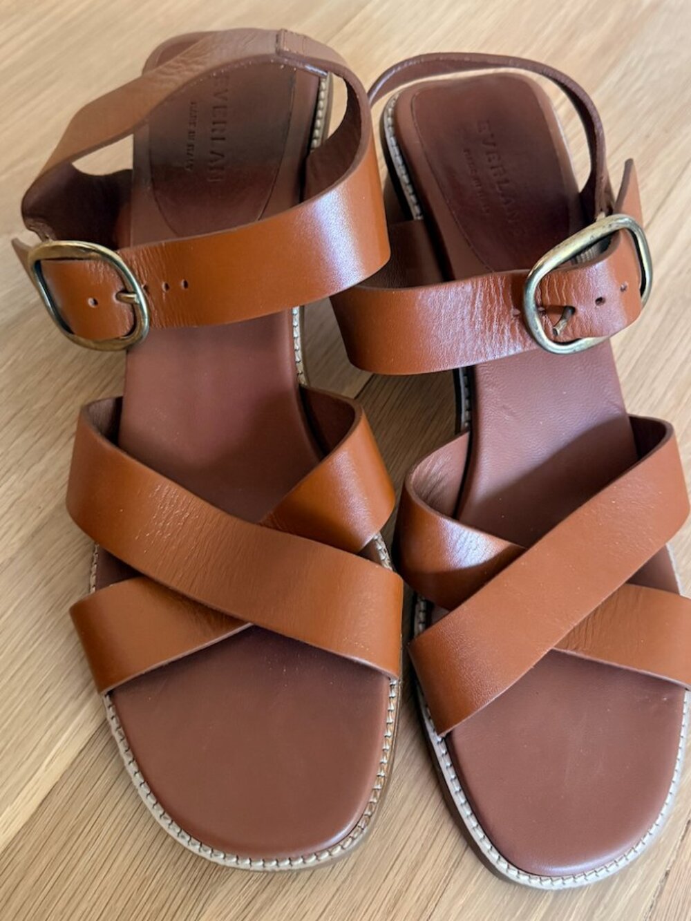 Everlane Cognac Leather Crisscross Ankle Strap Sandals